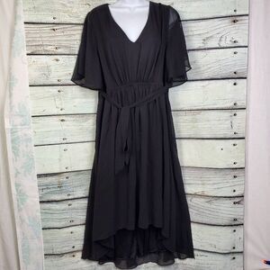 Talisea Black High Low V-Neck Belted Chiffon Dress Size NWT